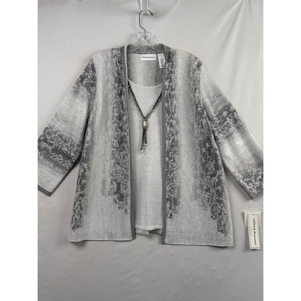 Alfred Dunner Cardigan Set Women XL Grey Silver New Metallic Ombre 2pc Necklace